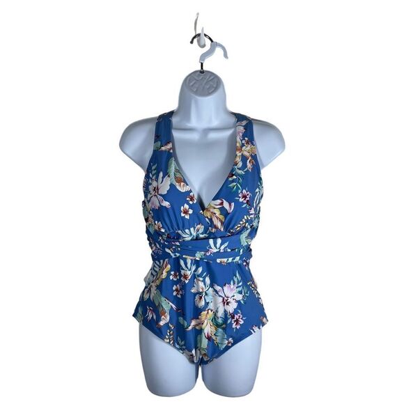 Jantzen Blue Floral Tunny Control Body Sculpt One Piece Bathing Suit - Picture 1 of 8